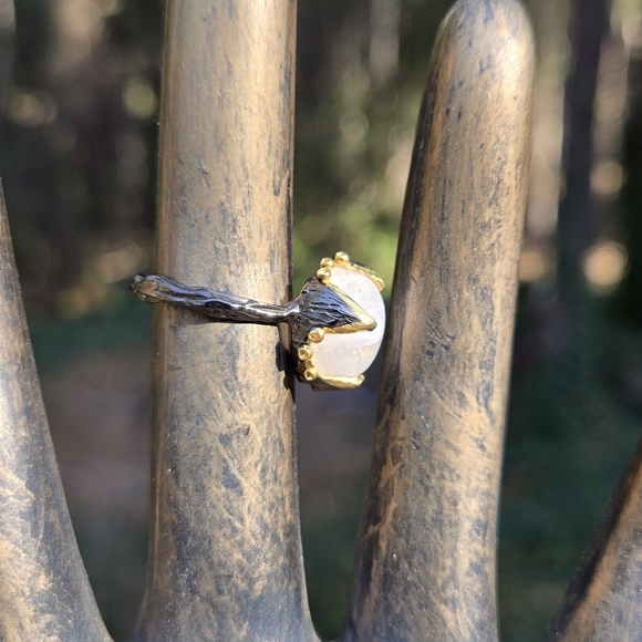 Moonstone 8k Sterling Gold & Rhodium Ring Sz8 - Picture 8 of 16